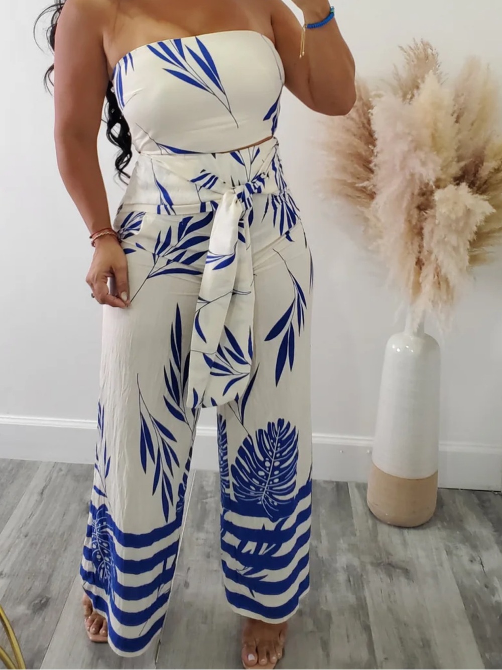 Aakaa White Wide-Leg Pants with Blue Tropical Print & Self Tie